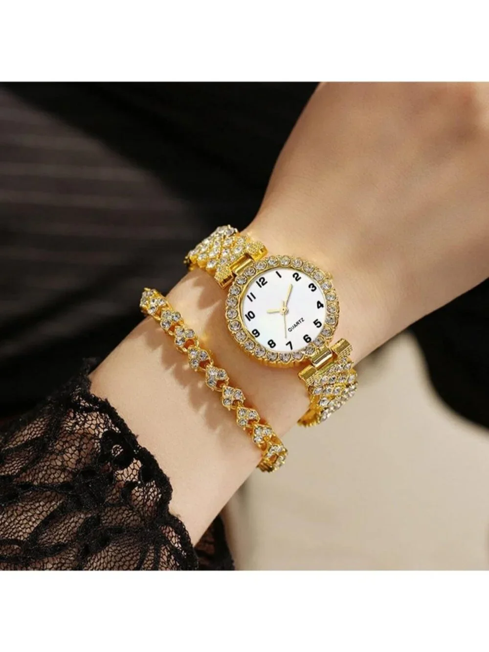 Women's All Gold Analog Fashion Diamond Bangle Bracelet Set Luxury Wrist Watch